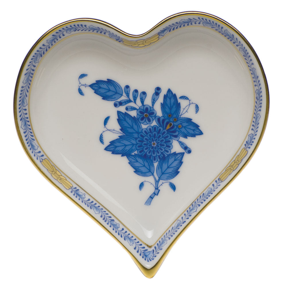 Herend Chinese Bouquet Blue Small Heart Tray  4"l X 4"w - Blue
