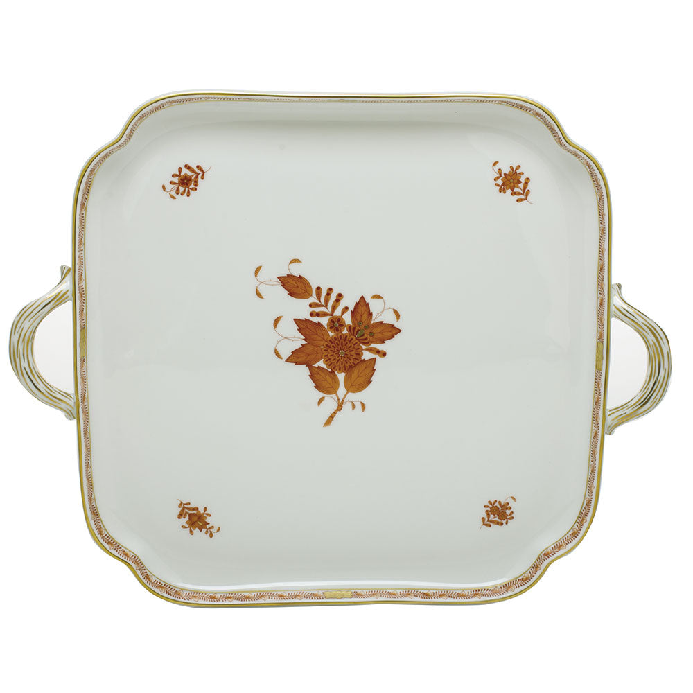 Herend Chinese Bouquet Rust Square Tray W/handles 12.75"l X 12.75"w