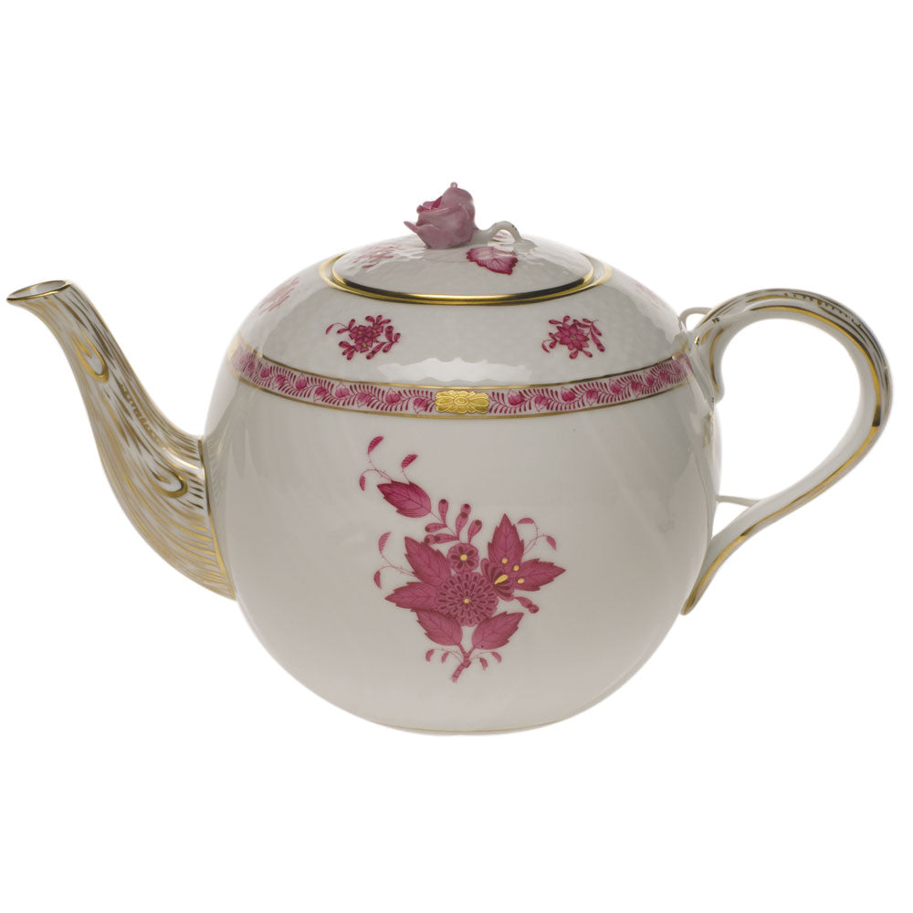 Herend Chinese Bouquet Raspberry Tea Pot W/rose  (60 Oz) 6.5"h - Raspberry