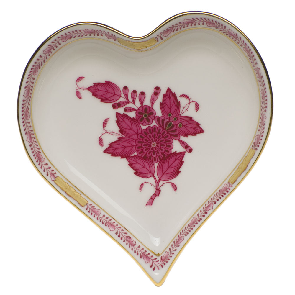 Herend Chinese Bouquet Raspberry Small Heart Tray  4"l X 4"w - Raspberry