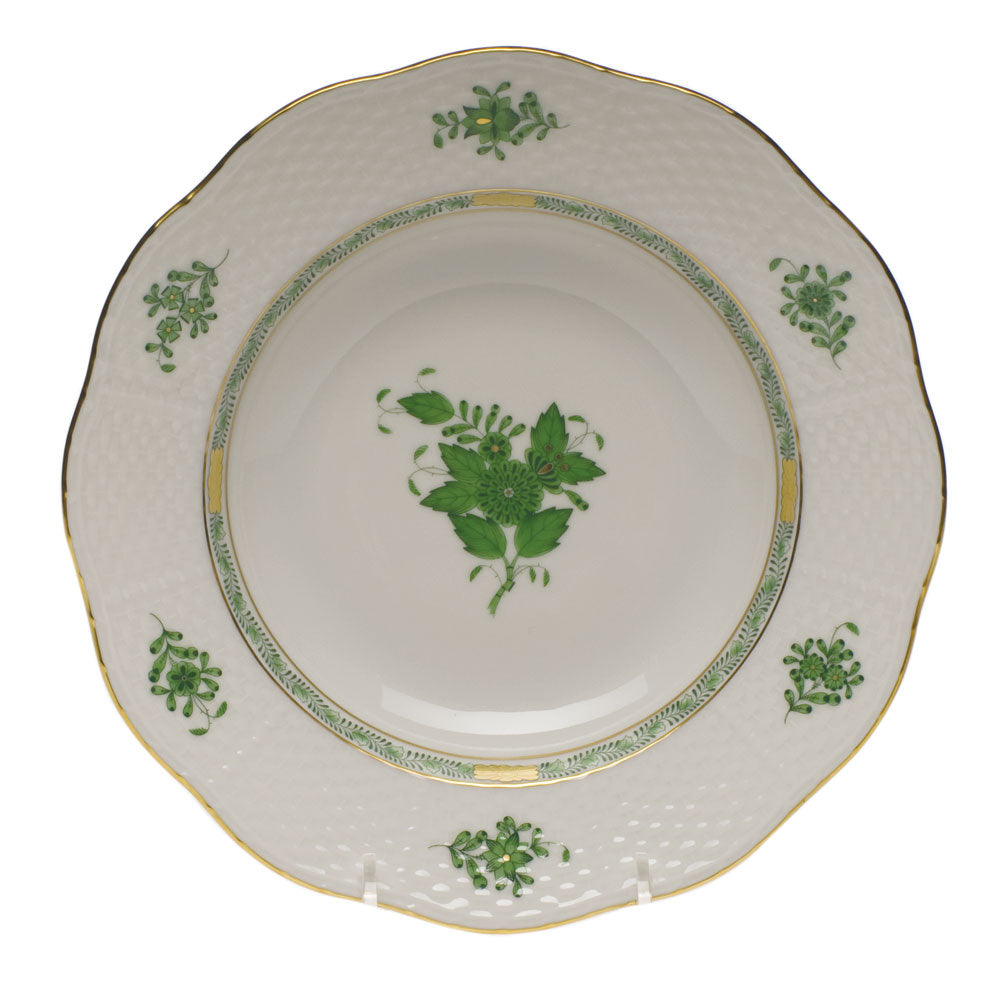 Herend Chinese Bouquet Green Rim Soup Plate  8"d - Green