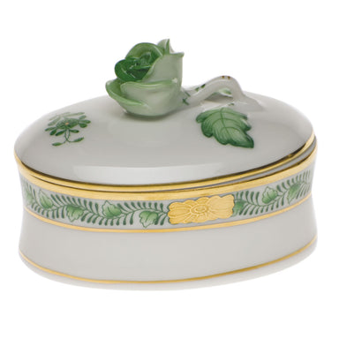 Herend Chinese Bouquet Green Oval Box - Rose 2.75"l X 2"h - Green