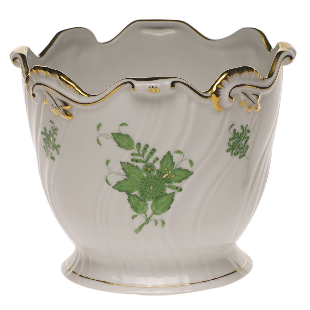 Herend Chinese Bouquet Green Ribbed Cachepot  6.25"h X 7"d - Green