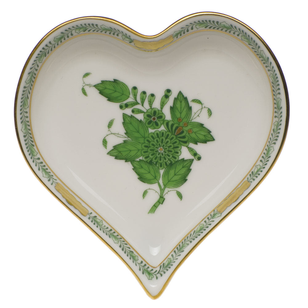Herend Chinese Bouquet Green Small Heart Tray  4"l X 4"w - Green