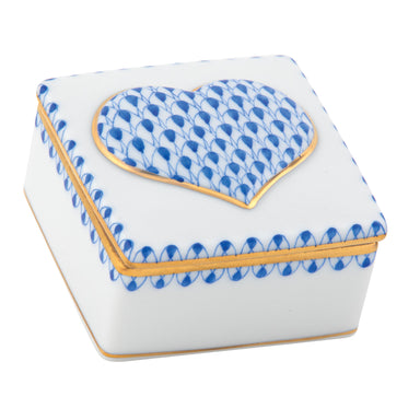 Herend Fishnet Box Sapphire Embossed Heart Box 2"l X 2"w