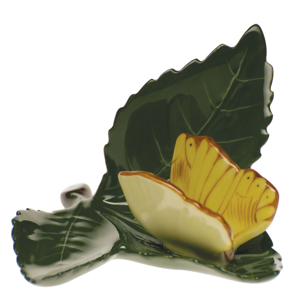 Herend C Yellow Butterfly On Leaf - Yellow 3"l X 2"h
