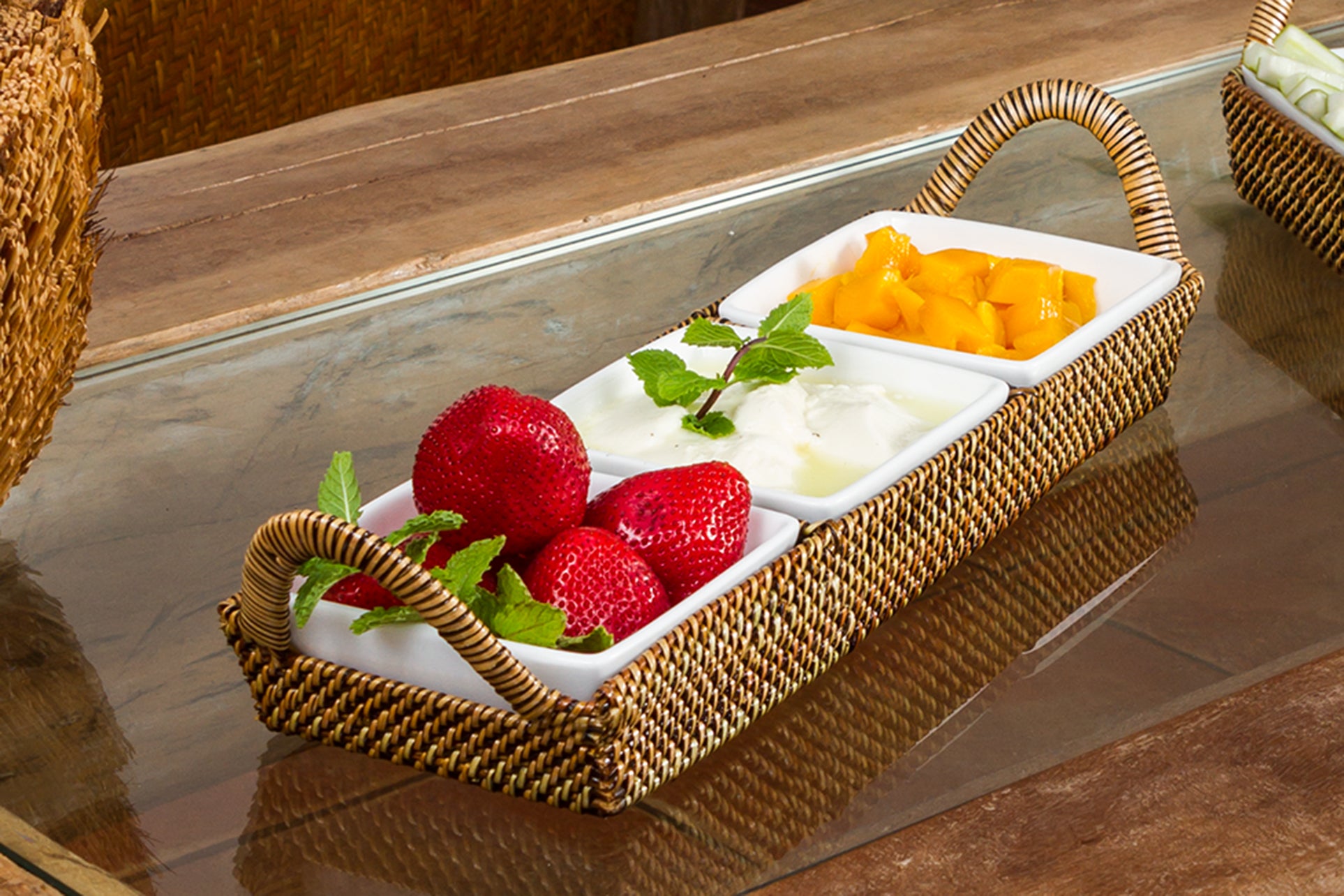 Rectangular Tray with 3 Dividers, INCLUDES 3 Square Porcelain Dishes