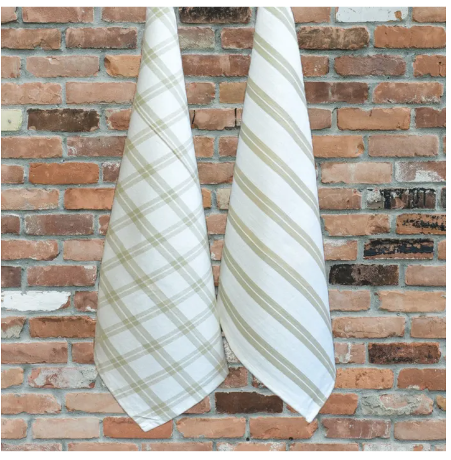 Checker and Stripes Natural Kitchen Towels - Set of 2