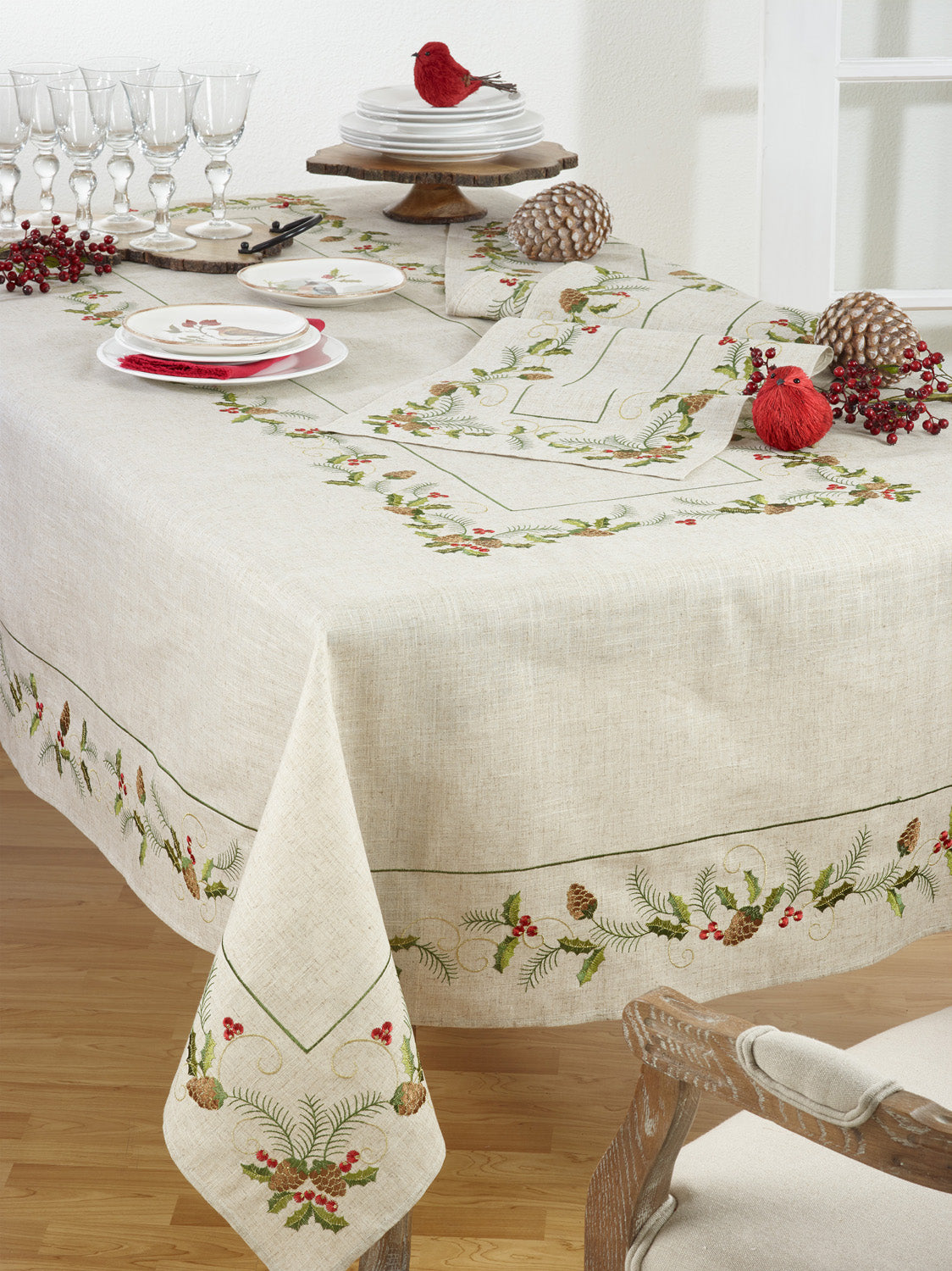 Pinecone and Holly Embroidered Tablecloth