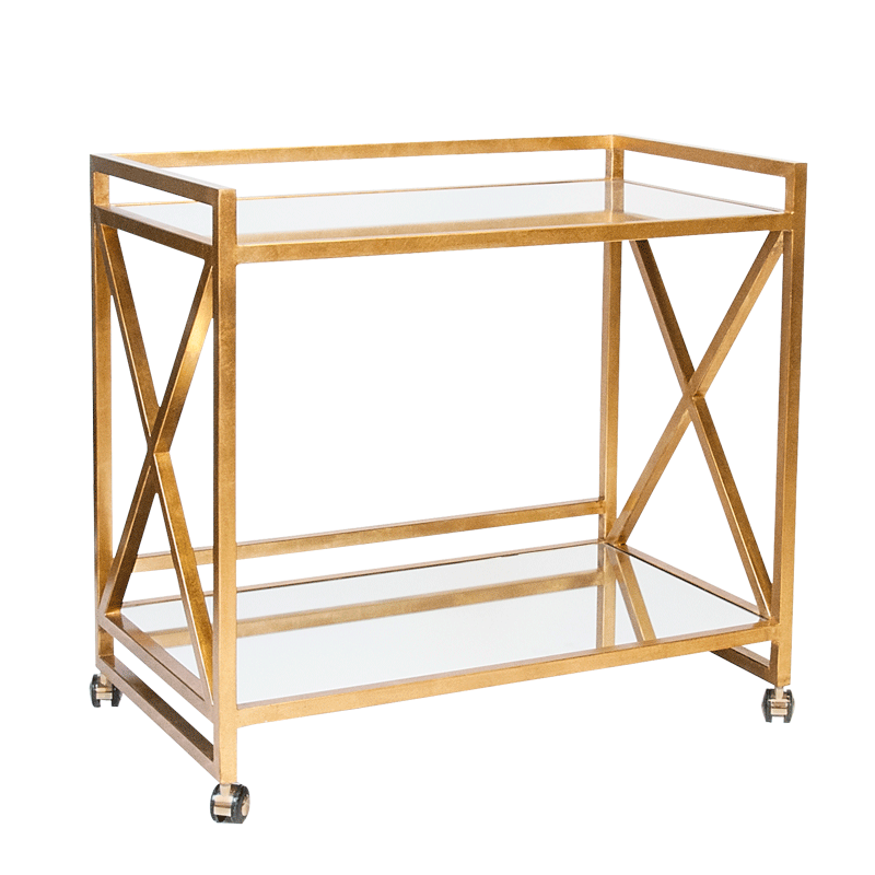 Gold Leaf Bar Cart "X" With Mirror Shelves