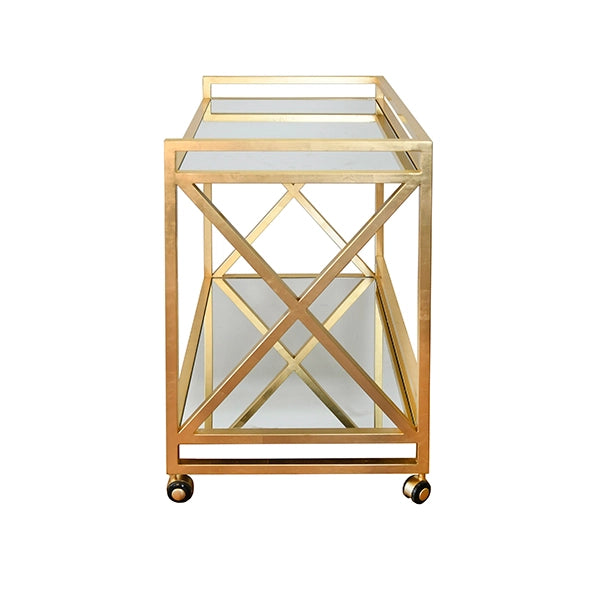 Gold Leaf Bar Cart "X" With Mirror Shelves