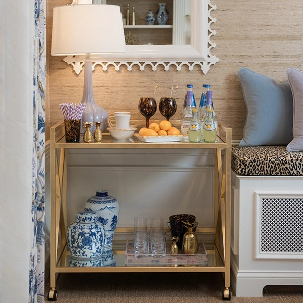 Gold Leaf Bar Cart "X" With Mirror Shelves