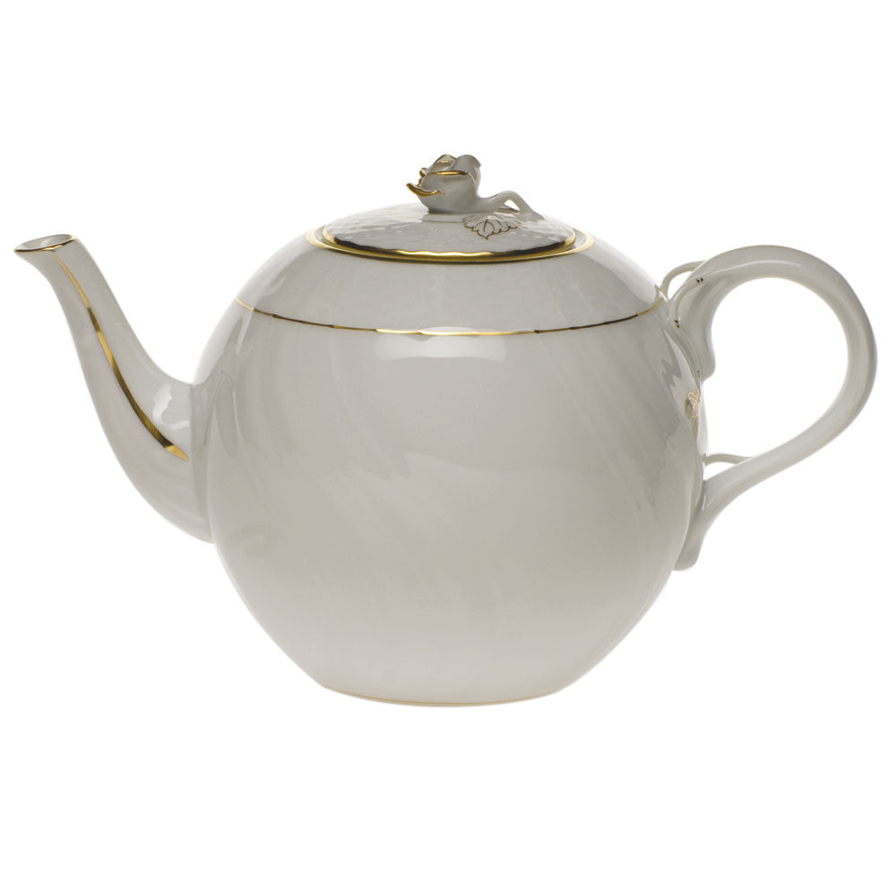 Herend Golden Edge Tea Pot W/rose  (36 Oz) 5.5"h