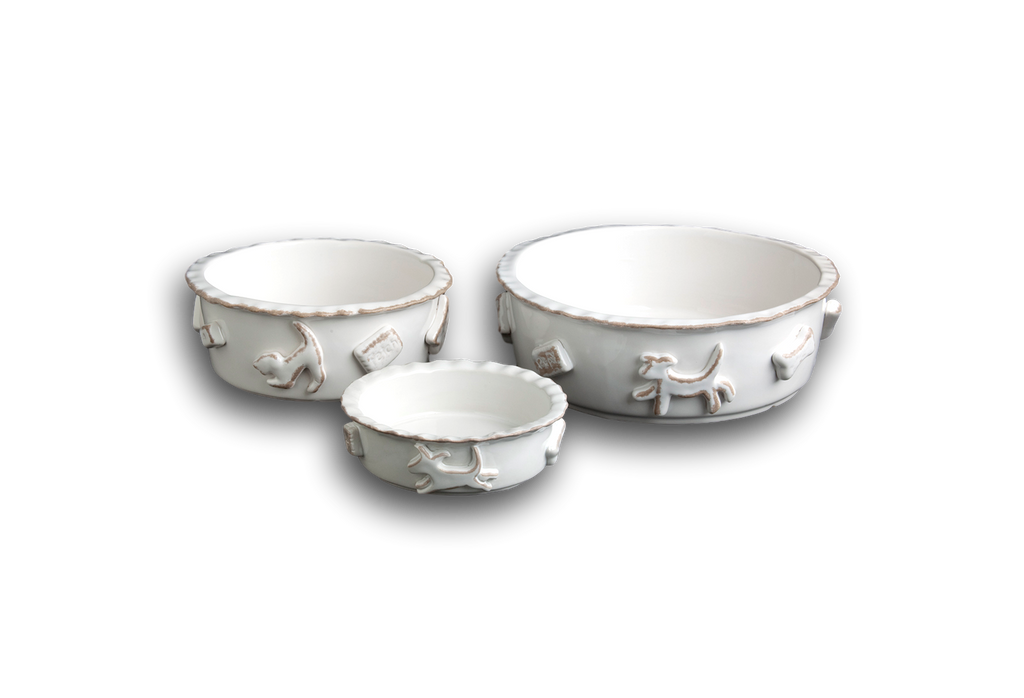 Dog Food/Water Bowl - Medium French White