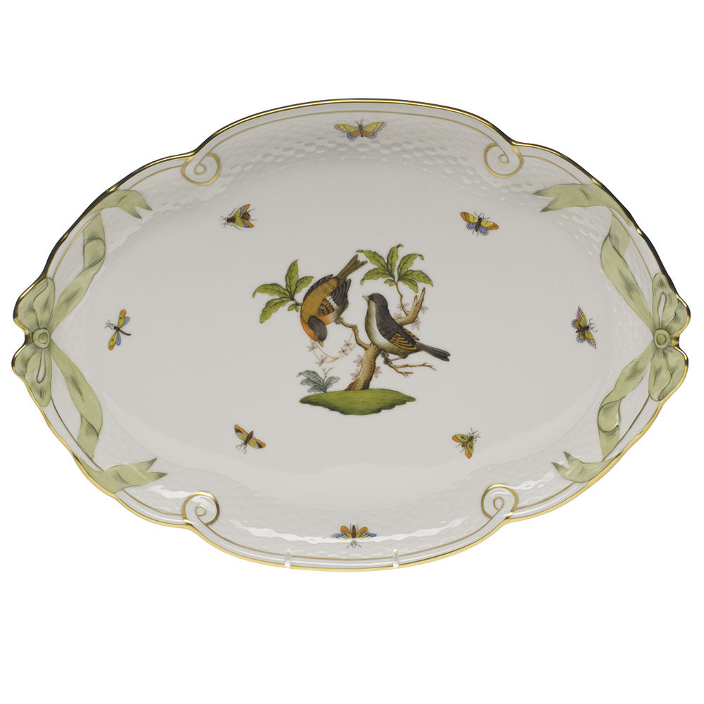 Herend Rothschild Bird Ribbon Tray W/green Ribbon 15.75"l X 11"w