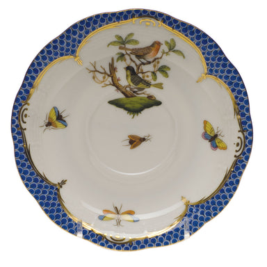 Herend Rothschild Bird Blue Border Tea Saucer - Motif 03 6"d - Blue Border