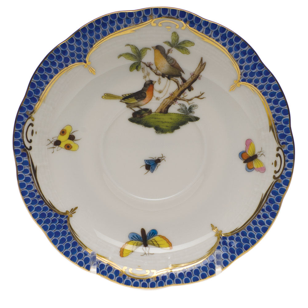 Herend Rothschild Bird Blue Border Tea Saucer - Motif 08 6"d - Blue Border