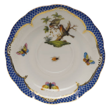 Herend Rothschild Bird Blue Border Tea Saucer - Motif 10 6"d - Blue Border