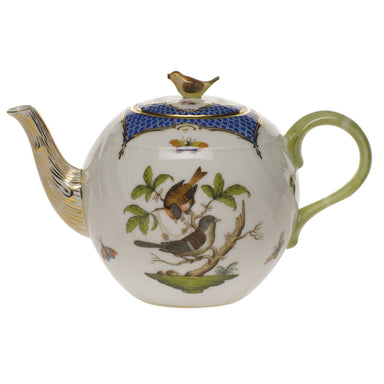 Herend Rothschild Bird Blue Border Tea Pot W/bird (36 Oz) 5.5"h - Blue Border