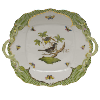 Herend Rothschild Bird Green Bord Square Cake Plate W/handles  9.5"sq - Green Border