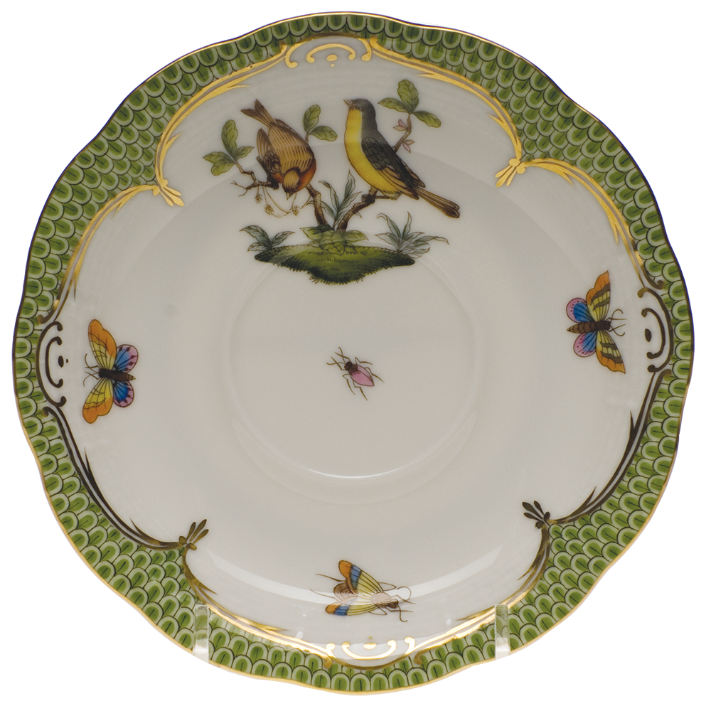 Rothschild Bird Green Bord Tea Saucer - Motif 07 6"d - Green Border