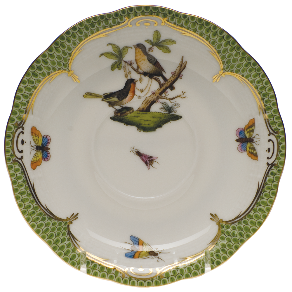 Rothschild Bird Green Bord Tea Saucer - Motif 08 6"d - Green Border