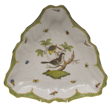 Herend Rothschild Bird Green Bord Triangle Dish 9.5"l - Green Border