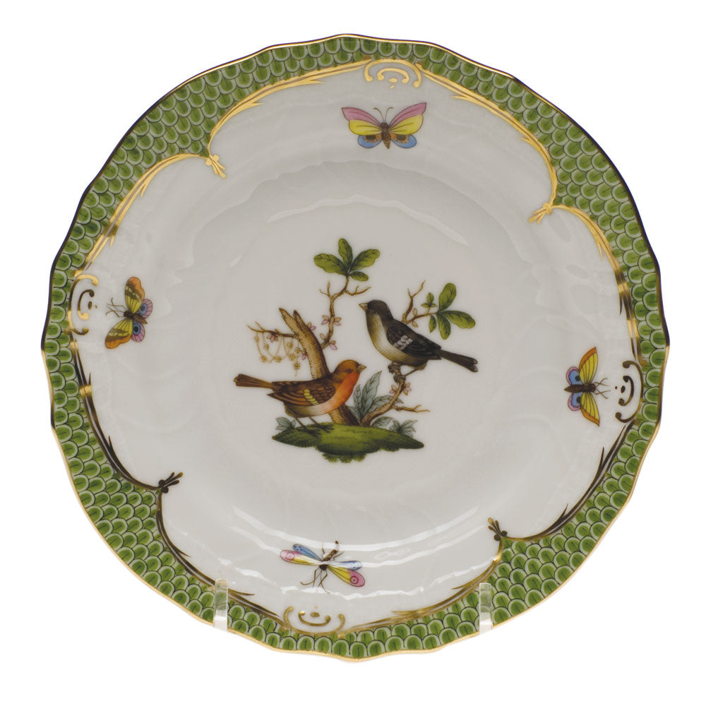 Herend Rothschild Bird Green Bord Bread And Butter Plate - Mo 05 6"d - Green Border