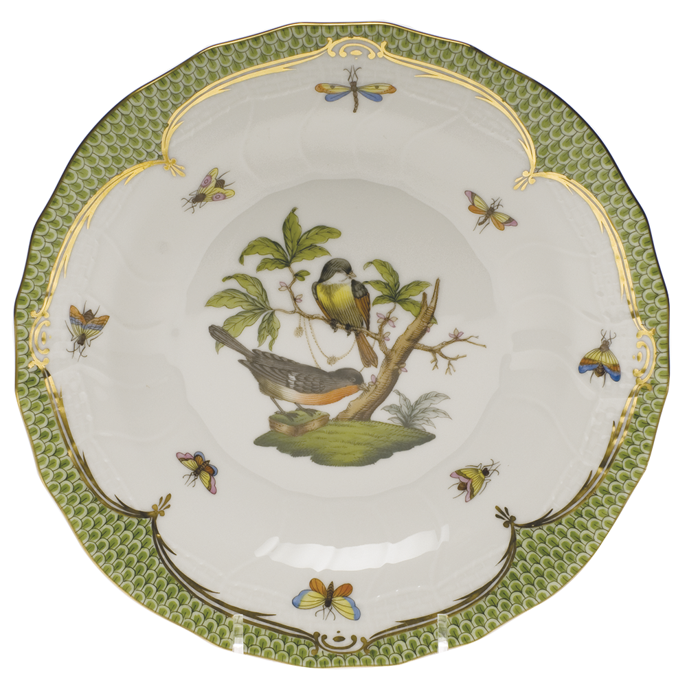 Rothschild Bird Green Bord Dessert Plate - Motif 02 8.25"d - Green Border