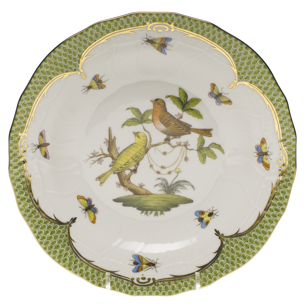 Rothschild Bird Green Bord Dessert Plate - Motif 06 8.25"d - Green Border