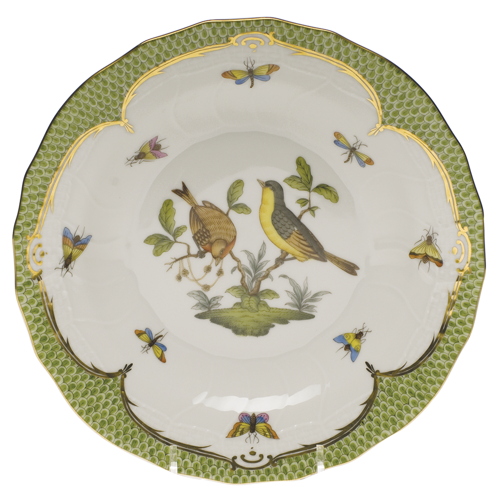 Rothschild Bird Green Bord Dessert Plate - Motif 07 8.25"d - Green Border