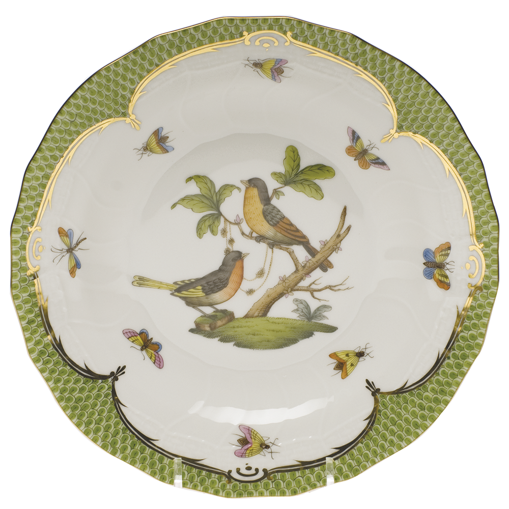 Rothschild Bird Green Bord Dessert Plate - Motif 08 8.25"d - Green Border