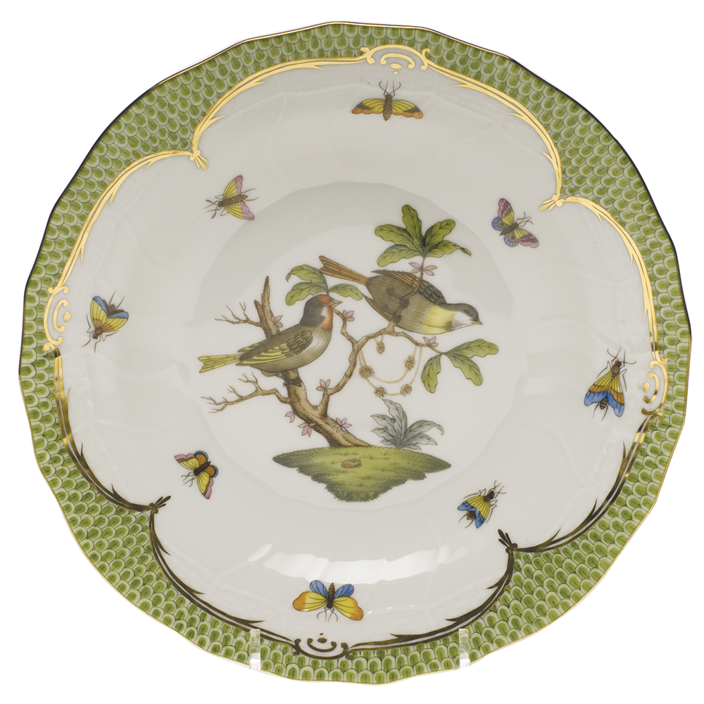 Rothschild Bird Green Bord Dessert Plate - Motif 11 8.25"d - Green Border