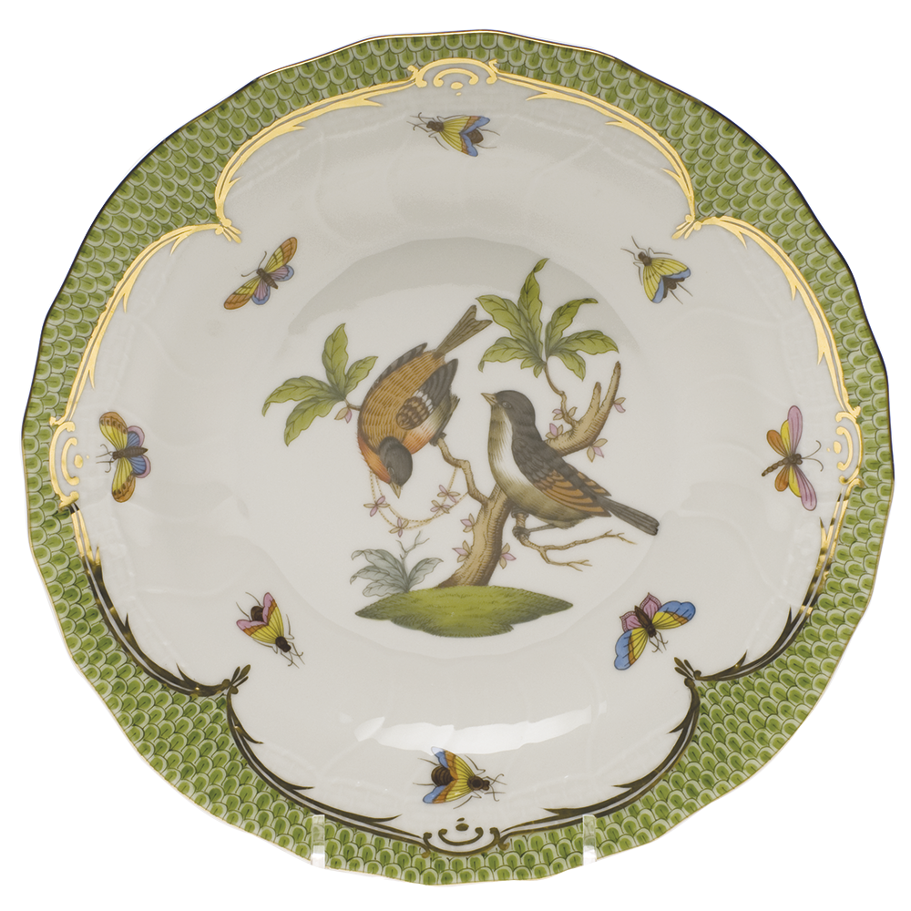 Rothschild Bird Green Bord Dessert Plate - Motif 12 8.25"d - Green Border