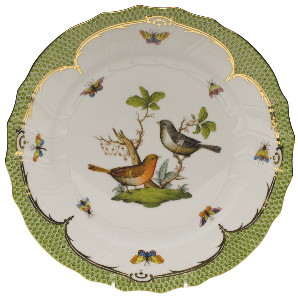 Rothschild Bird Green Bord Dinner Plate - Motif 05 10.5"d - Green Border