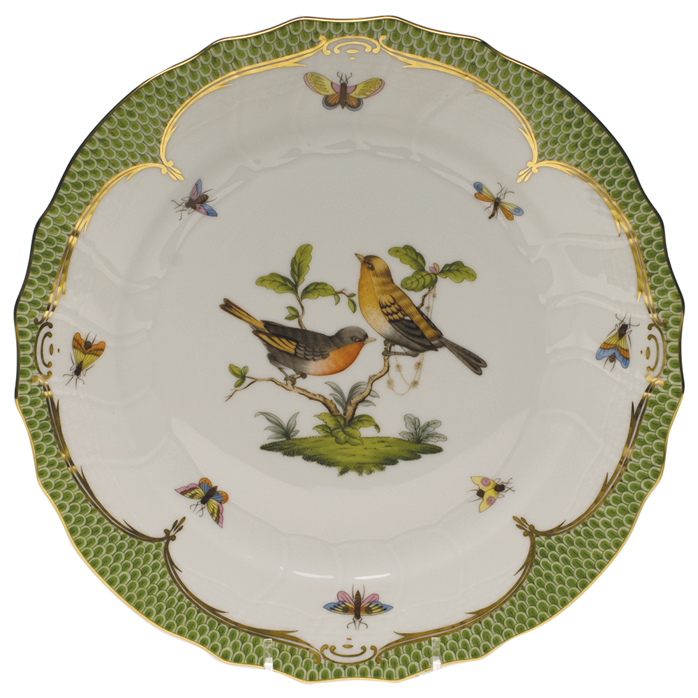 Rothschild Bird Green Bord Dinner Plate - Motif 09 10.5"d - Green Border