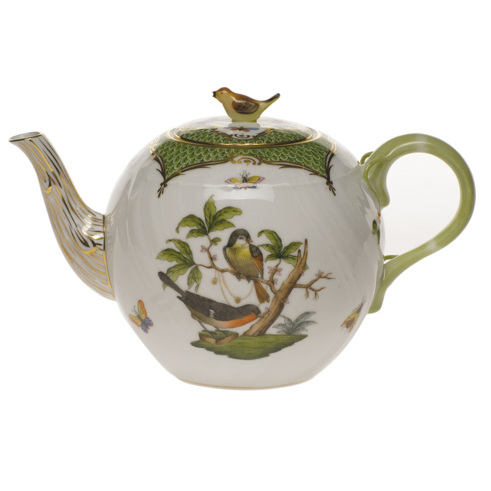 Herend Rothschild Bird Green Bord Tea Pot W/bird (36 Oz) 5.5"h - Green Border