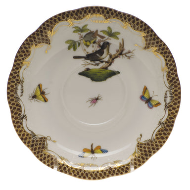 Herend Rothschild Bird Choc Border Tea Saucer - Motif 01 6"d - Brown Border