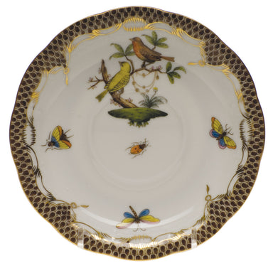 Herend Rothschild Bird Choc Border Tea Saucer - Motif 06 6"d - Brown Border