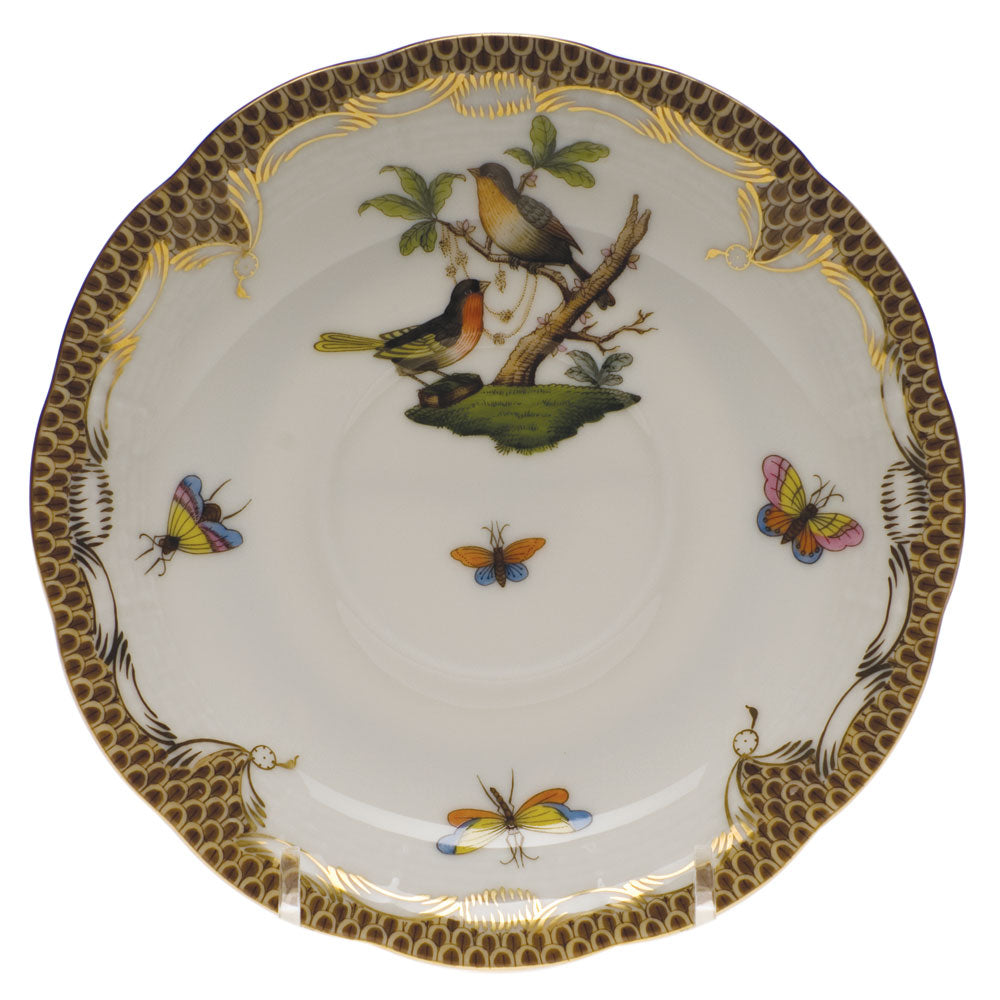 Herend Rothschild Bird Choc Border Tea Saucer - Motif 08 6"d - Brown Border