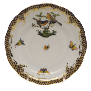 Herend Rothschild Bird Choc Border Tea Saucer - Motif 09 6"d - Brown Border