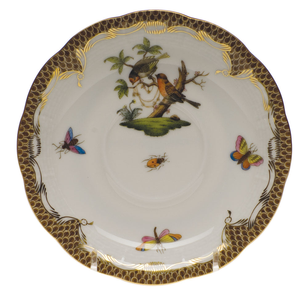 Herend Rothschild Bird Choc Border Tea Saucer - Motif 10 6"d - Brown Border