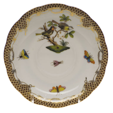 Herend Rothschild Bird Choc Border Tea Saucer - Motif 11 6"d - Brown Border