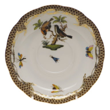 Herend Rothschild Bird Choc Border Tea Saucer - Motif 12 6"d - Brown Border