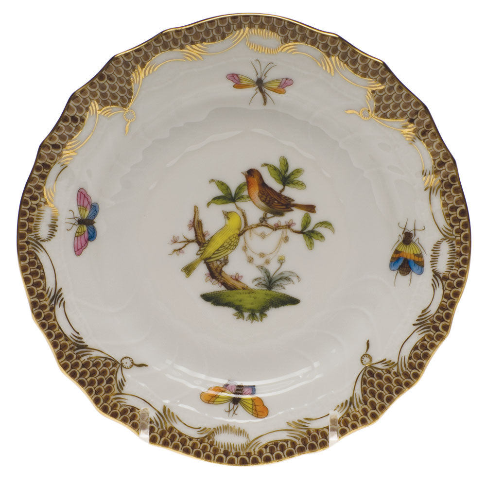 Herend Rothschild Bird Choc Border Bread And Butter Plate - Mo 06 6"d - Brown Border