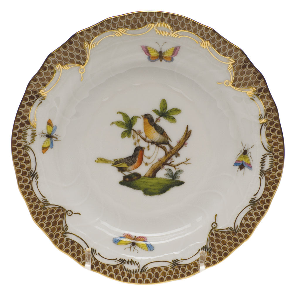 Herend Rothschild Bird Choc Border Bread And Butter Plate - Mo 08 6"d - Brown Border