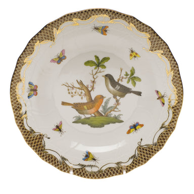 Herend Rothschild Bird Choc Border Dessert Plate - Motif 05 8.25"d - Brown Border