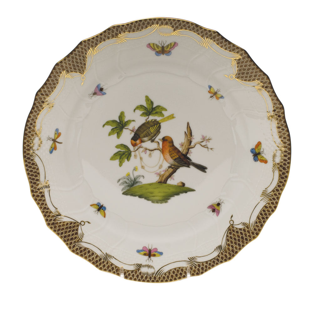 Herend Rothschild Bird Choc Border Dinner Plate - Motif 10 10.5"d - Brown Border
