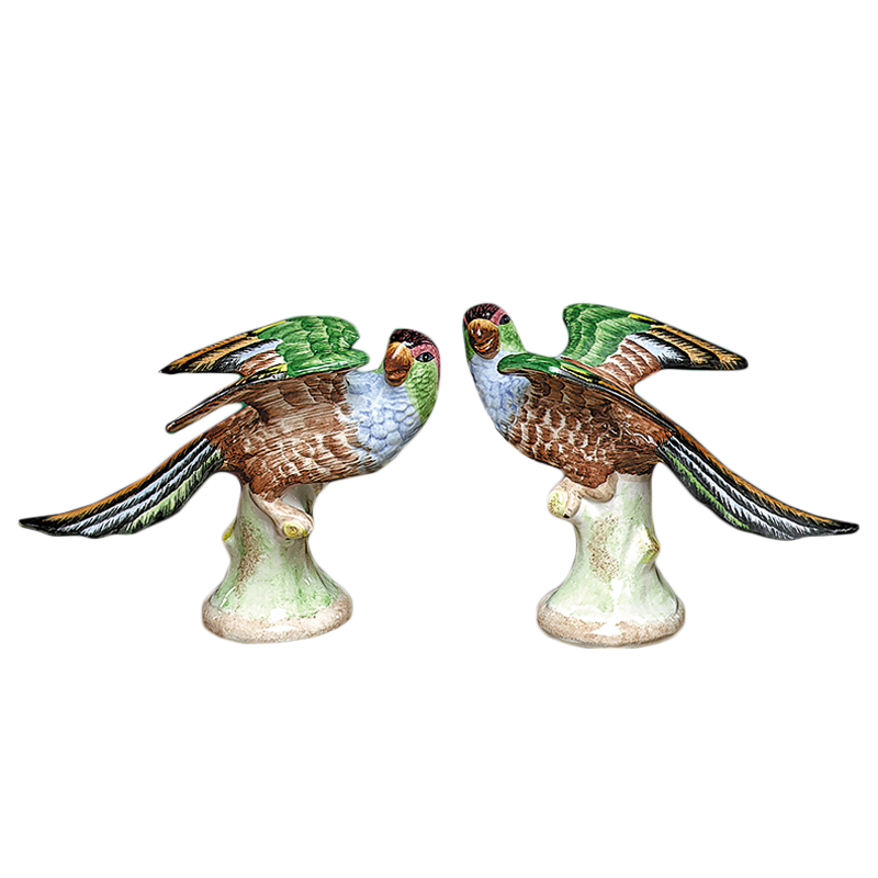 Mottahedeh Parakeets Pair, Majolica, Handpainted