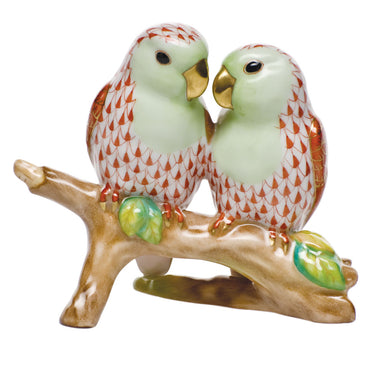 Herend Shaded Vh Love Birds On Branch 4"h Rust Body/lime Wash Face